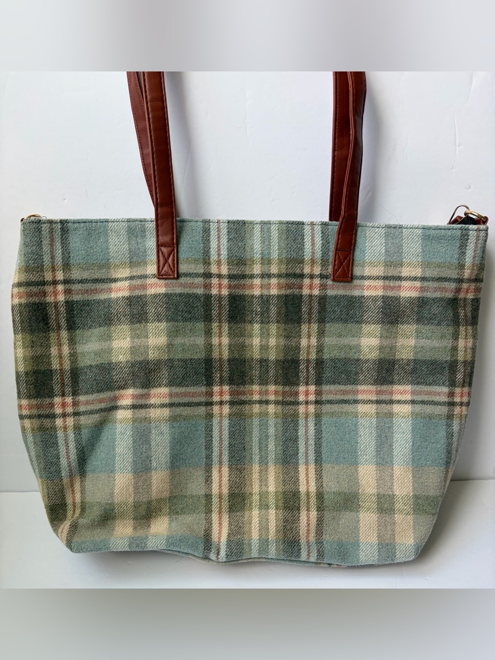 Cozy Sage Green Blue Plaid Flannel Large Tote & Crossbody Bag